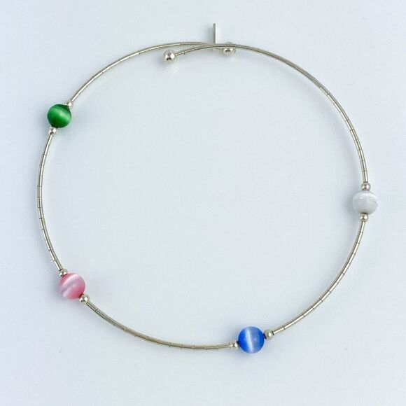 Sterling Silver 925 Memory Wire Multicolor Simulated Cat's Eye Bracelet 7" - Picture 2 of 5